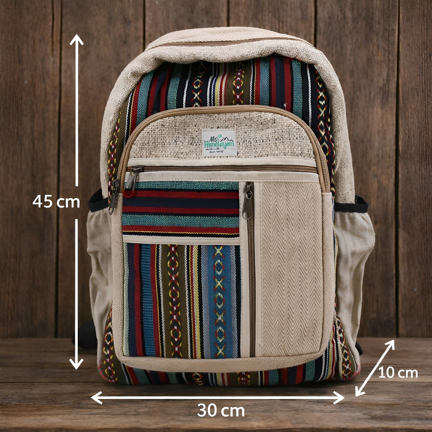 Alt Tag: Large Hemp Backpack – Straight Zips Style handmade in Kathmandu Nepal, hemp and cotton backpack with straight zip pockets, 45x30x10 cm