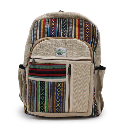 Large Hemp Backpack – Straight Zips Style handmade Himalayan hemp and cotton backpack with multicolor striped front and straight zip pockets