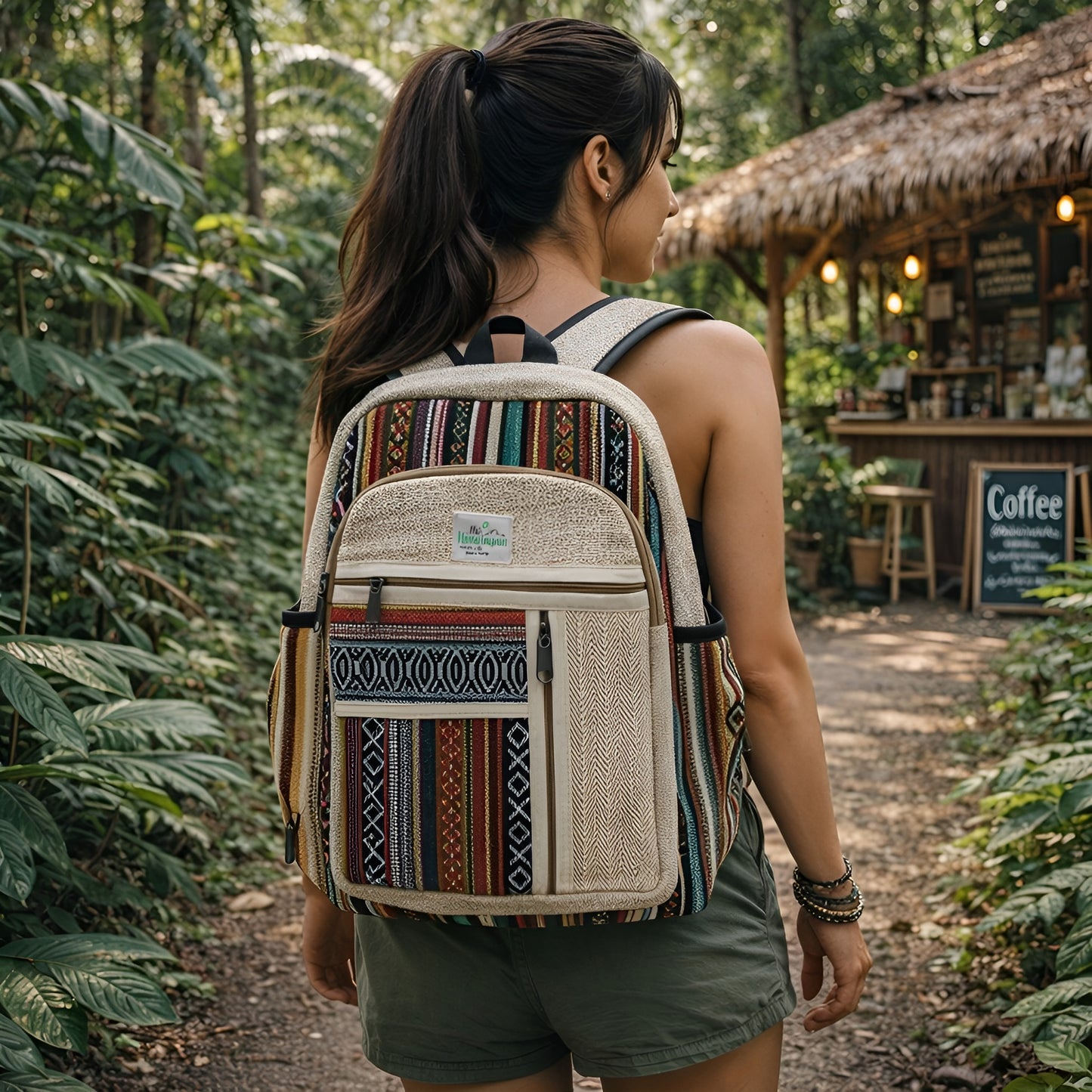 Large Hemp Backpack – Straight Zips Style handmade hemp and cotton backpack with straight zip compartments, Kathmandu Nepal, 45x30x10 cm