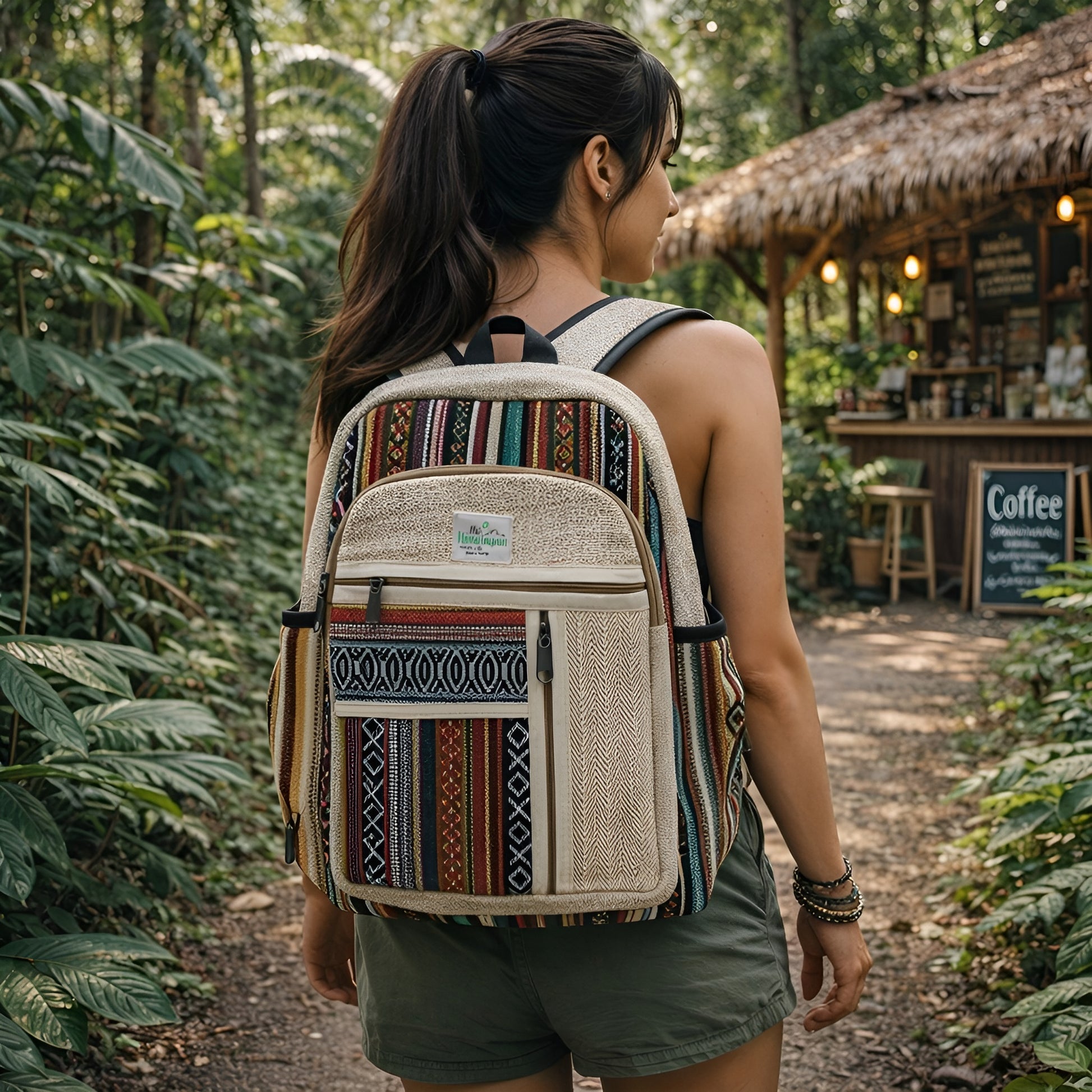 Large Hemp Backpack – Straight Zips Style handmade hemp and cotton backpack with straight zip compartments, Kathmandu Nepal, 45x30x10 cm