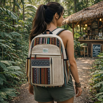 Large Hemp Backpack – Straight Zips Style handmade hemp and cotton backpack with straight zip compartments, Kathmandu Nepal, 45x30x10 cm