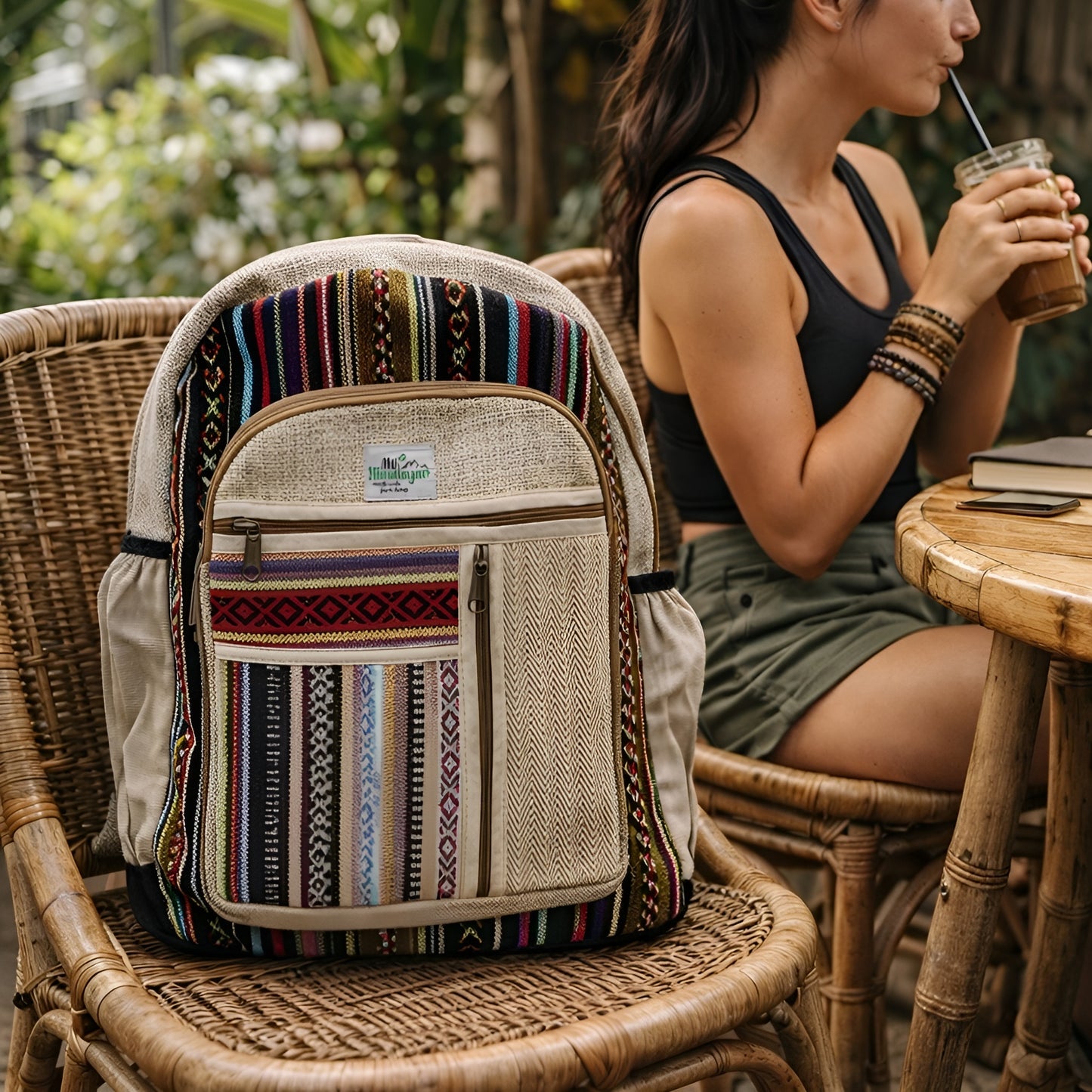 Large Hemp Backpack – Straight Zips Style on wicker chair, handmade Kathmandu Nepal, Himalayan hemp and cotton, minimalist striped design