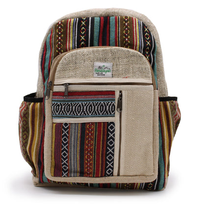 Large Hemp Backpack – Straight Zips Style handmade hemp and cotton backpack with multicolor woven panels and front zip pockets