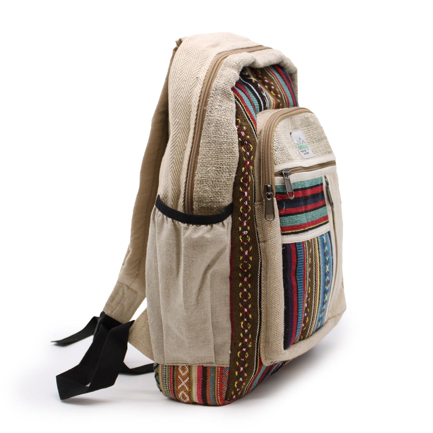 Large Hemp Backpack – Straight Zips Style handmade in Nepal, beige hemp and cotton backpack with striped fabric panels and front zip pocket