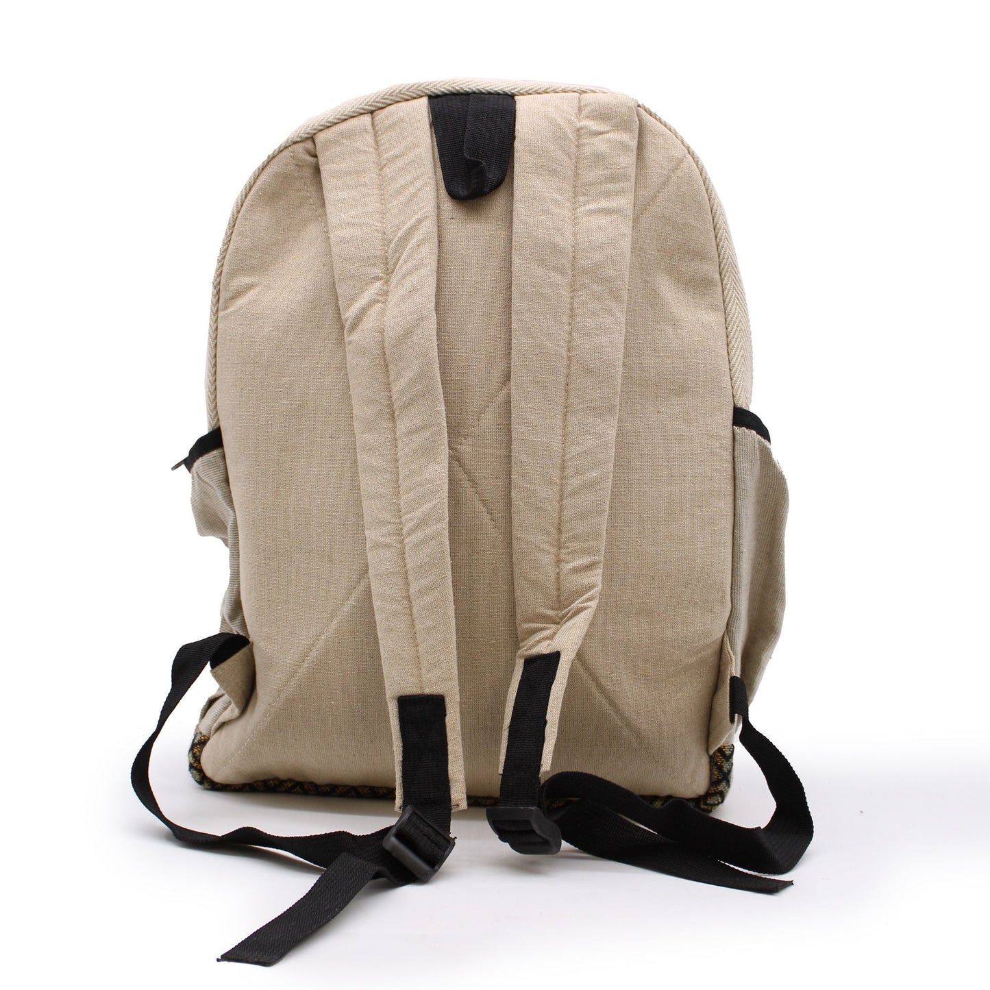 Alt Tag: Large Hemp Backpack – Straight Zips Style, mochila de cáñamo y algodón natural color beige, vista trasera con correas ajustables