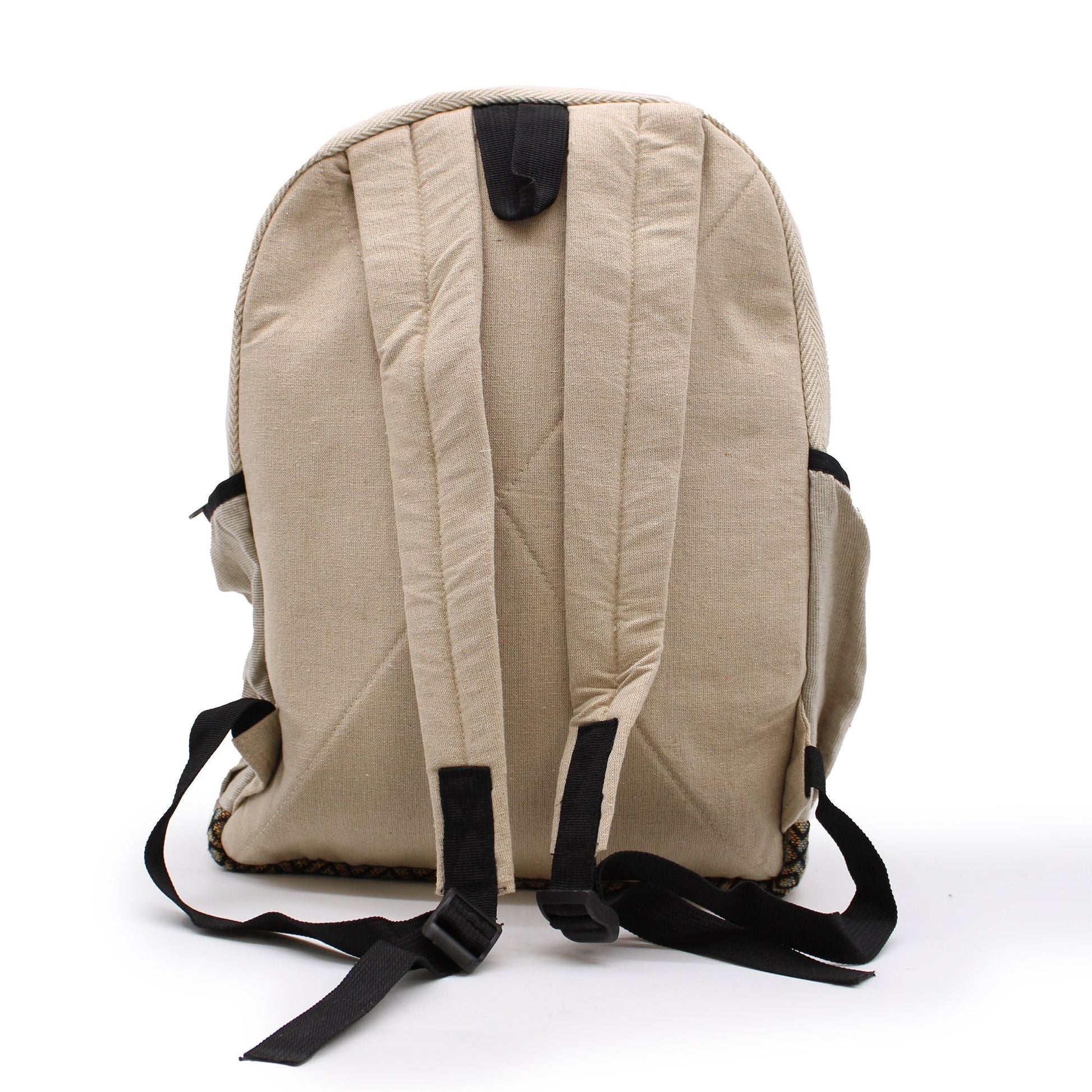 Alt Tag: Large Hemp Backpack – Straight Zips Style, mochila de cáñamo y algodón natural color beige, vista trasera con correas ajustables