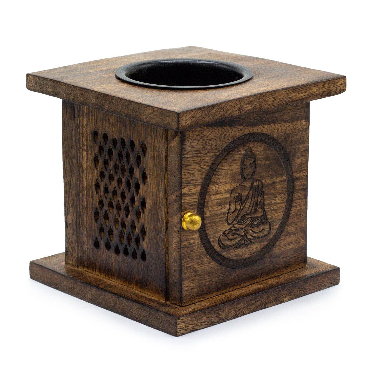 Alt Tag: Stor box burner i mangoträ – Buddha handgjord rökelsebox i mangoträ med snidat Buddha-motiv, låda och skål upptill