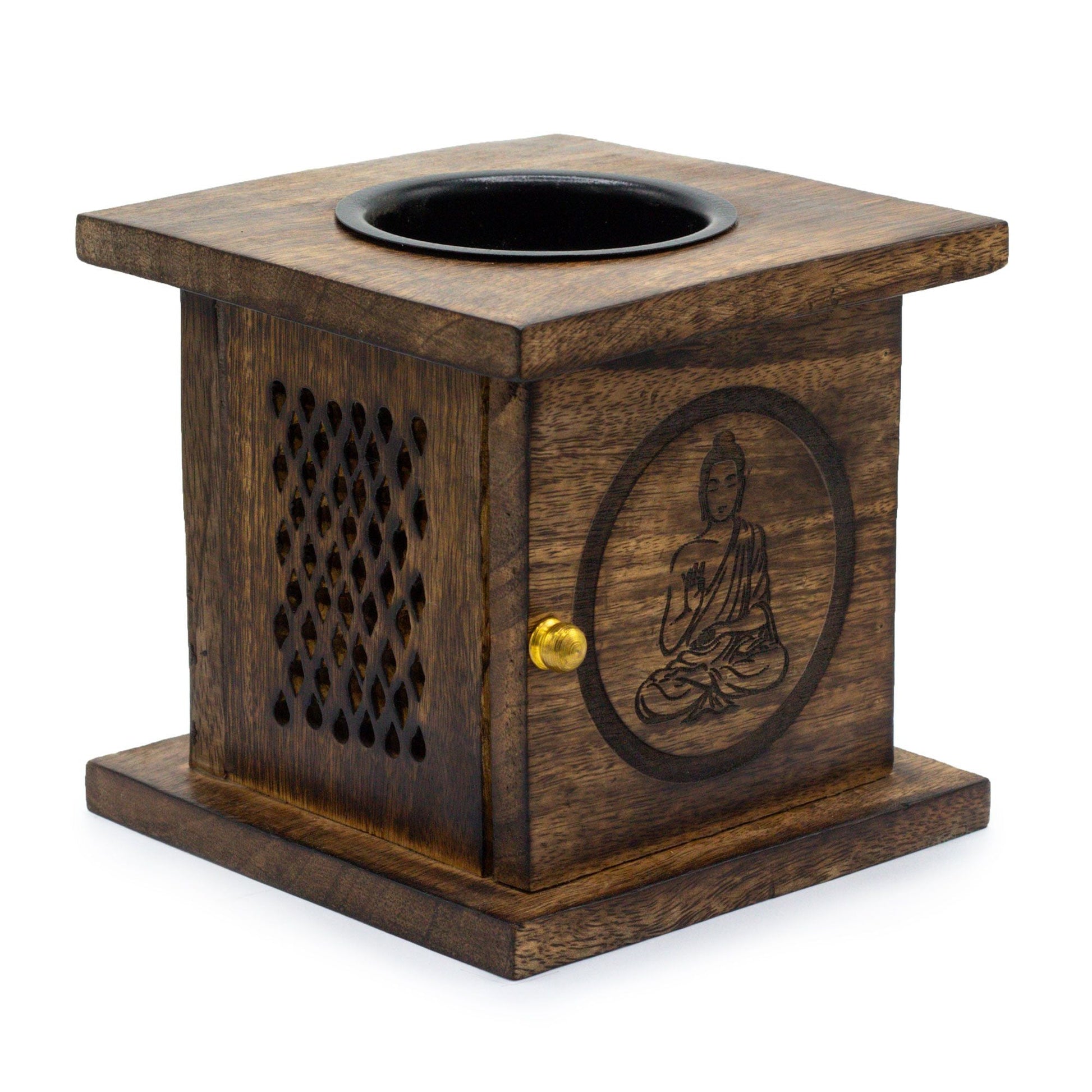Alt Tag: Stor box burner i mangoträ – Buddha handgjord rökelsebox i mangoträ med snidat Buddha-motiv, låda och skål upptill