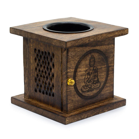 Alt Tag: Large Mango Wood Box Burner – Buddha handcrafted mango wood incense box with carved Buddha motif, drawer and top bowl