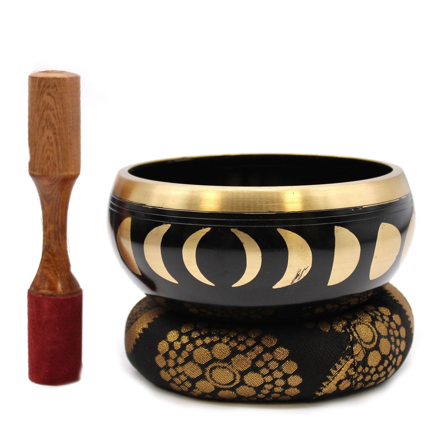 Large Moon Phase Singing Bowl Set – Black – 14 CM, matte black singing bowl with gold moon phases, wooden mallet and cushion