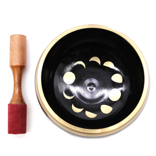 Alt Tag: Large Moon Phase Singing Bowl Set – Black – 14 CM with moon phase design inside and wooden mallet, 14 cm handcrafted Nepali bowl