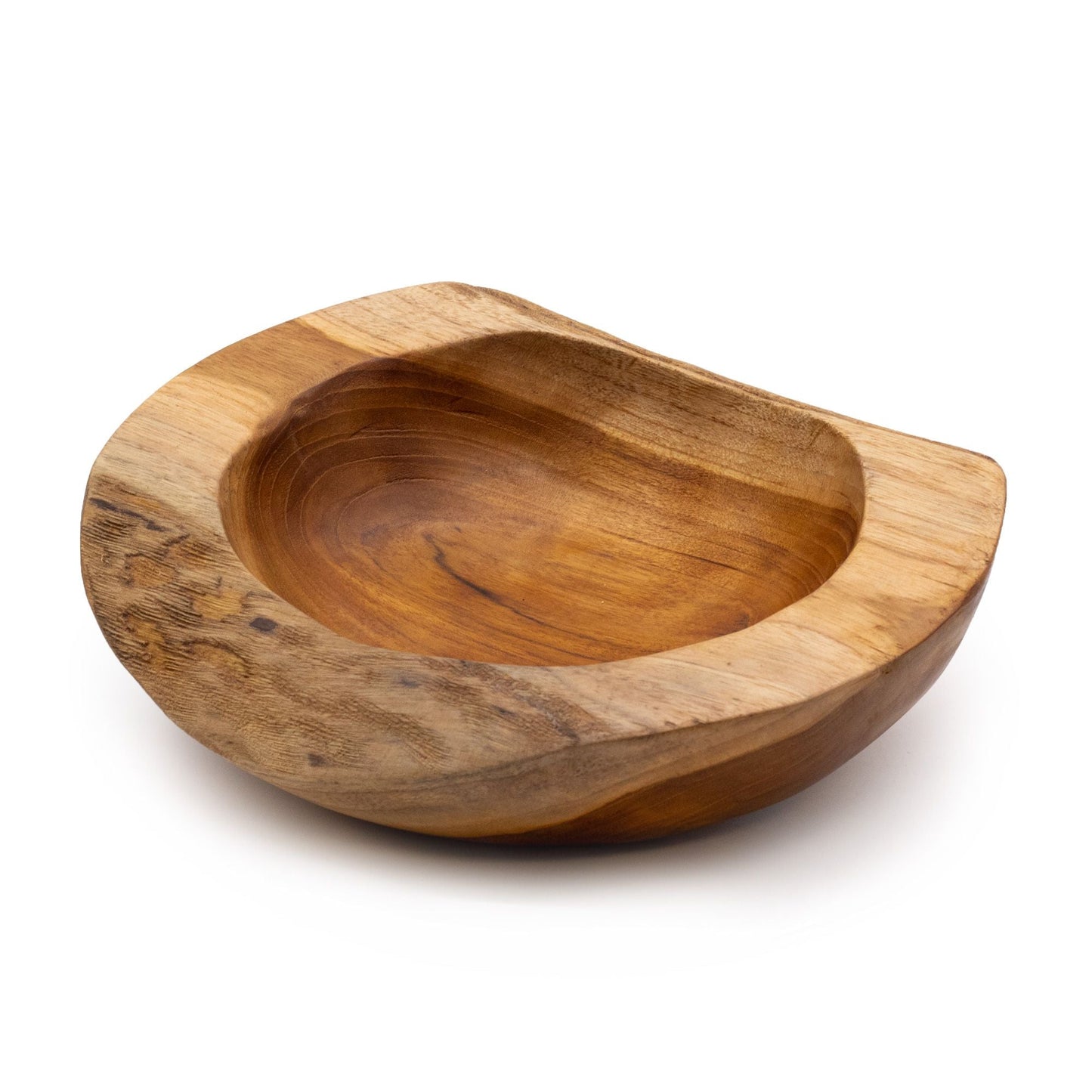 Stor skål i naturlig form av teakträ – 25 × 7 CM, handgjord massiv teakskål med organiska naturliga kanter och synlig träådring