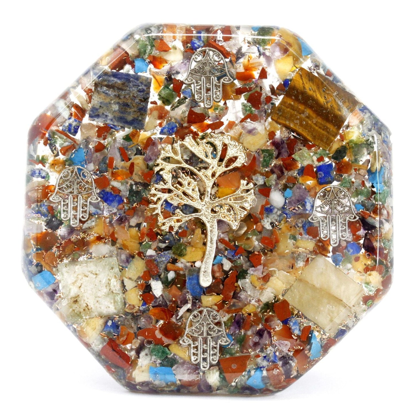 Alt Tag: Resin Orgonite Desk Power Pack – Tree of Life – Large octagon resin desk decor with gemstone chips, metal tree of life and hamsa