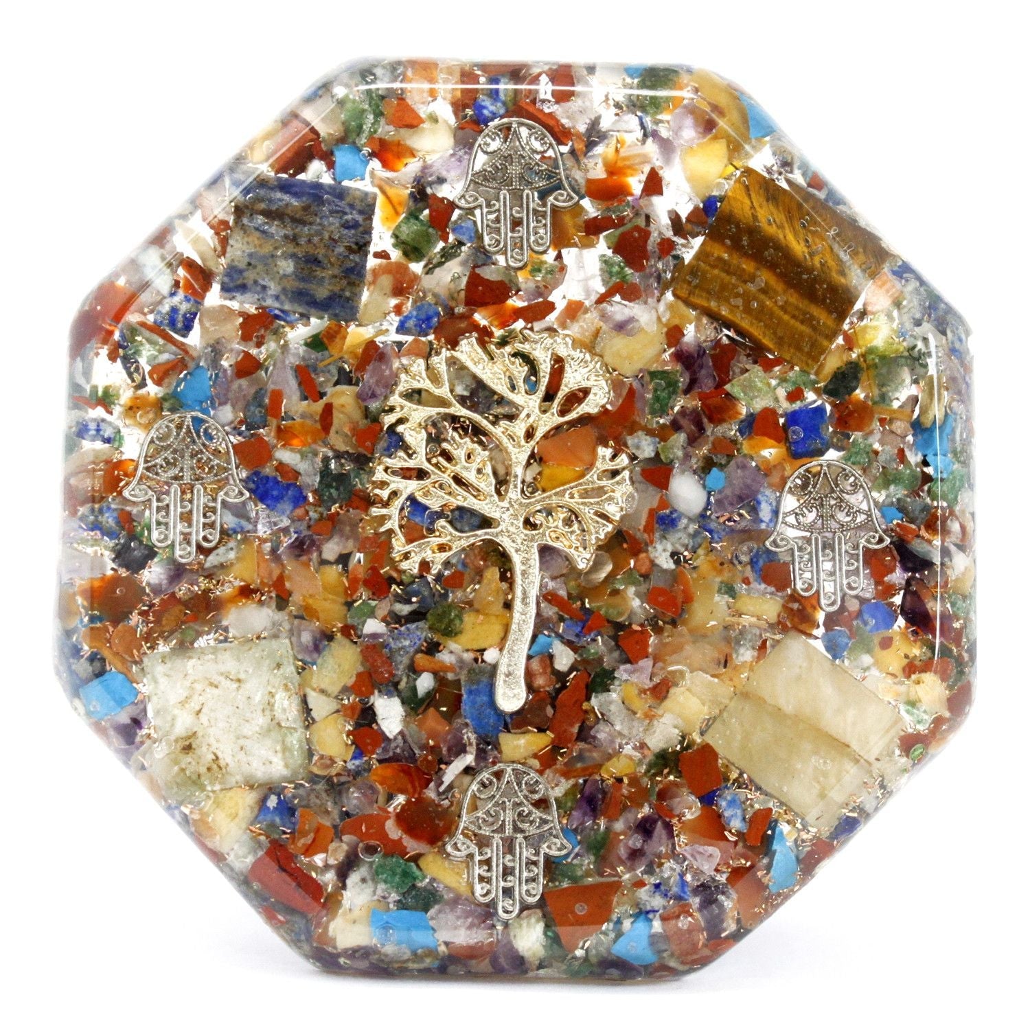 Alt Tag: Resin Orgonite Desk Power Pack – Tree of Life – Large octagon resin desk decor with gemstone chips, metal tree of life and hamsa