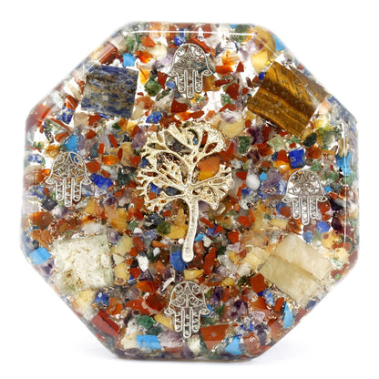 Alt Tag: Resin Orgonite Desk Power Pack – Tree of Life – Large octagon resin desk decor with gemstone chips, metal tree of life and hamsa