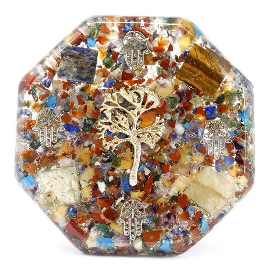 Alt Tag: Resin Orgonite Desk Power Pack – Tree of Life – Large octagon resin desk decor with gemstone chips, metal tree of life and hamsa