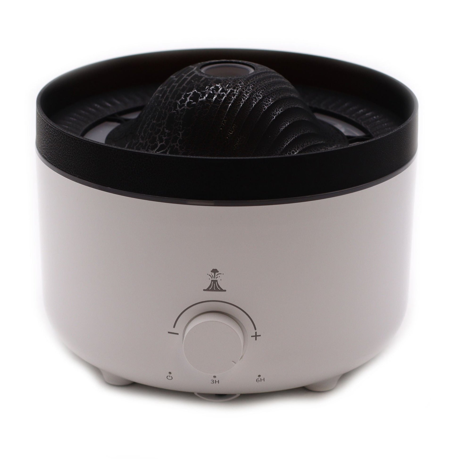 Alt Tag: Large Volcano Effect Aroma Diffuser (Plug) – Two Colours in white, plug-in essential oil diffuser with volcano-style mist outlet and dial control