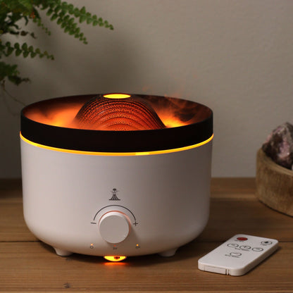 Alt Tag: Large Volcano Effect Aroma Diffuser (Plug) – Two Colours with volcano-style mist effect, warm LED light and remote control on tabletop