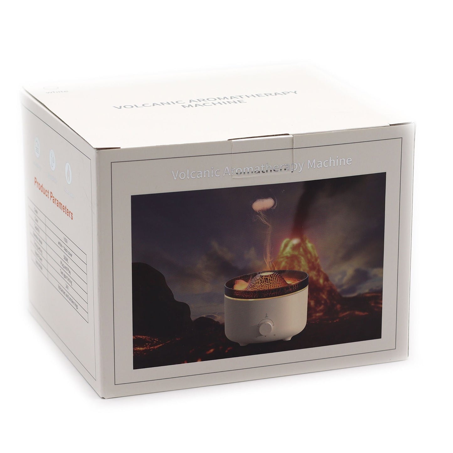 Alt Tag: Large Volcano Effect Aroma Diffuser (Plug) – Two Colours retail box packaging with volcano mist effect diffuser image