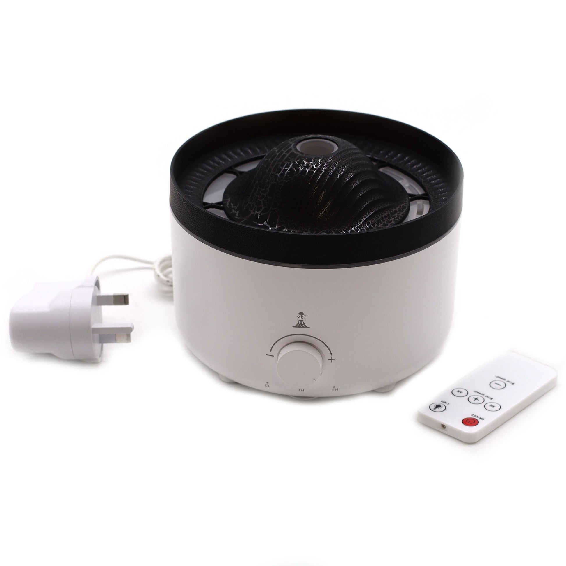 Large Volcano Effect Aroma Diffuser (Plug) – Two Colours with remote control and UK plug, volcano-style mist diffuser on white background