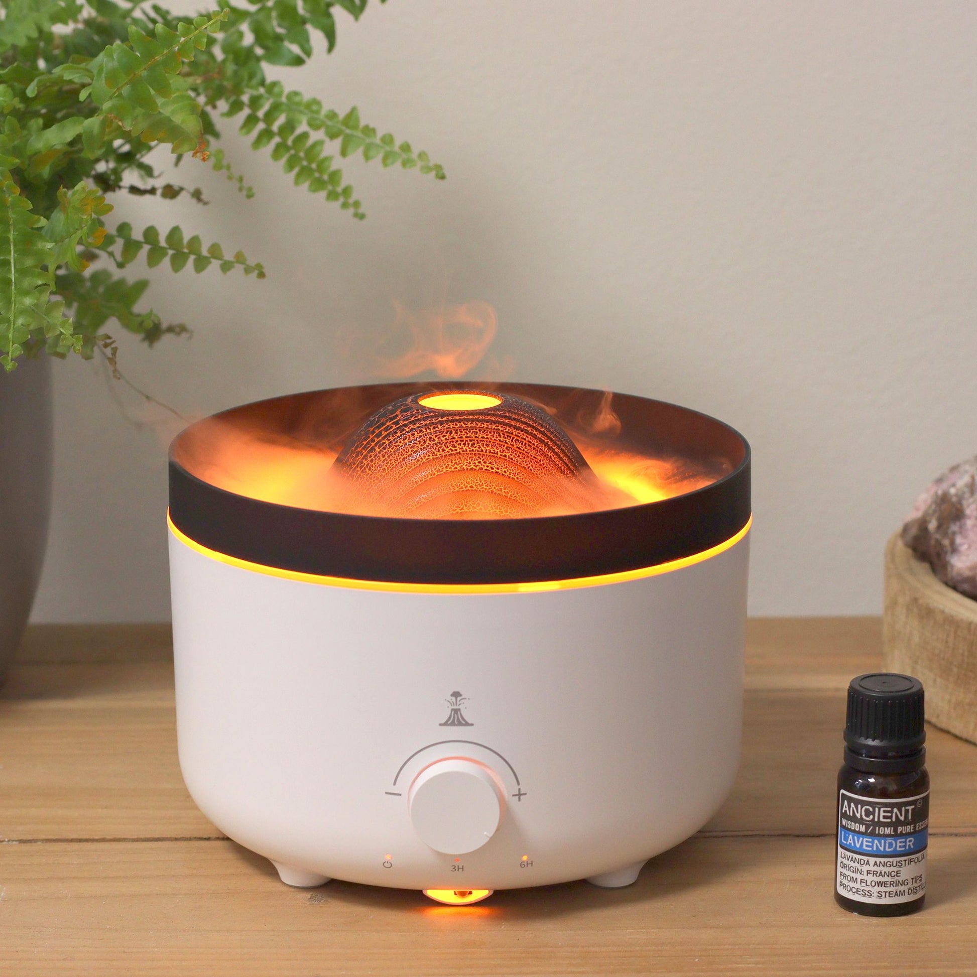 Alt Tag: Large Volcano Effect Aroma Diffuser (Plug) – Two Colours with volcano-style mist effect, plug-in essential oil diffuser on wooden table