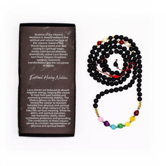 Lava Stone 7-Chakra Necklace – Emotional Harmonizing with black lava beads, multicolor chakra stones and product box on white background
