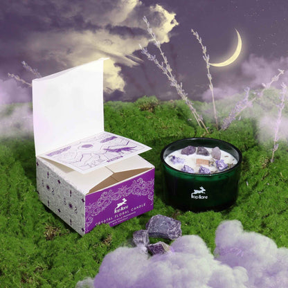 Alt Tag: Lavender Amethyst Crystal Candle – The Moon with lavender fragrance, amethyst stones, glass jar candle and gift box under moonlit scene