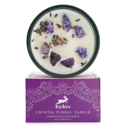 Lavender Amethyst Crystal Candle – The Moon crystal floral candle with lavender buds and amethyst stones, top view on purple box