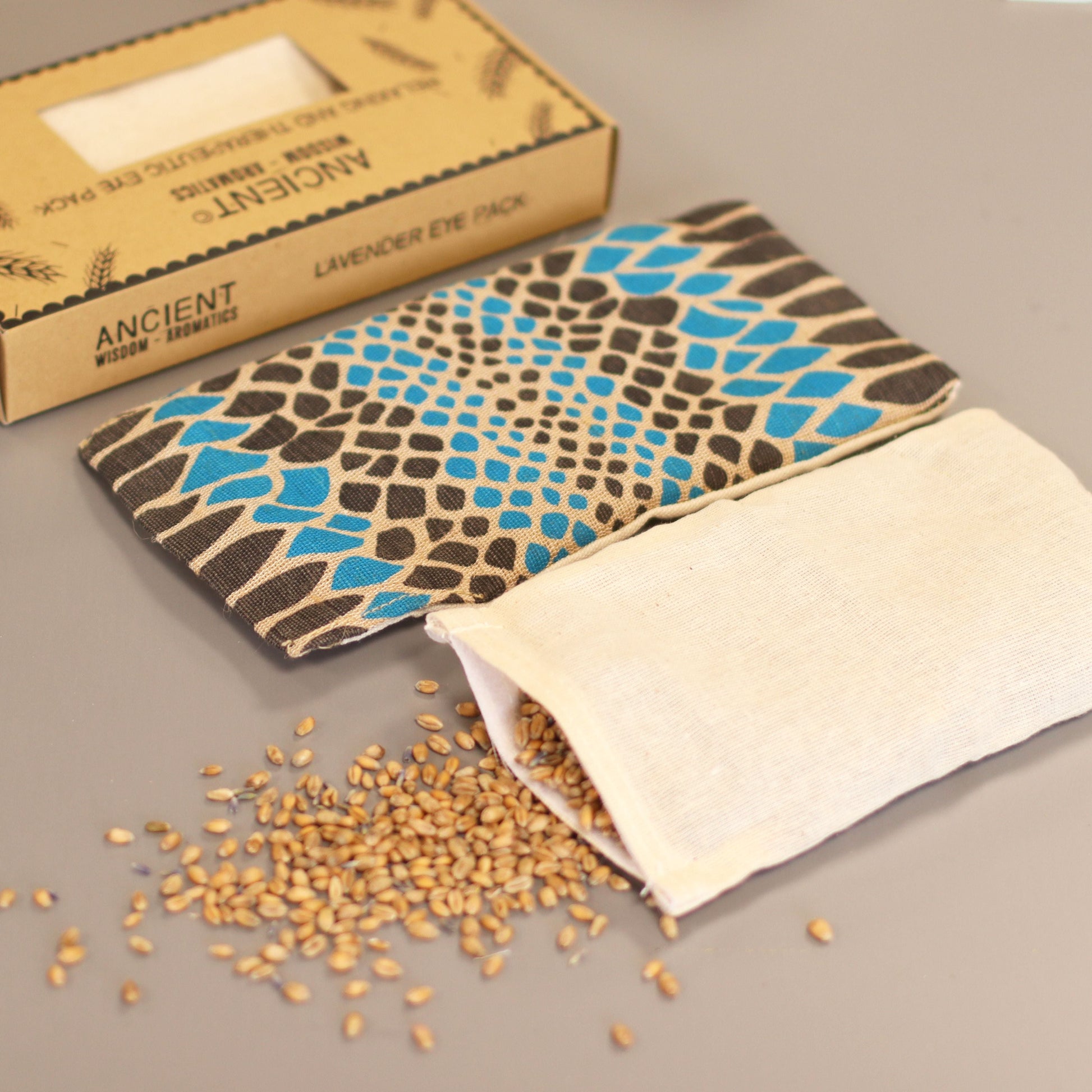 Lavender Natural Cotton & Juco Eye Pillow in Gift Box – Blue Viper with patterned cover, cotton insert and flaxseed filling