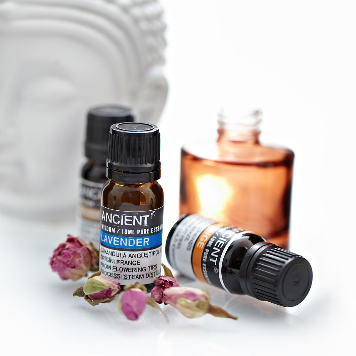 Eucalyptus Essential Oil – 10ML bottle, 10ml essential oil packaging on white surface with dried flowers and glass diffuser jar
