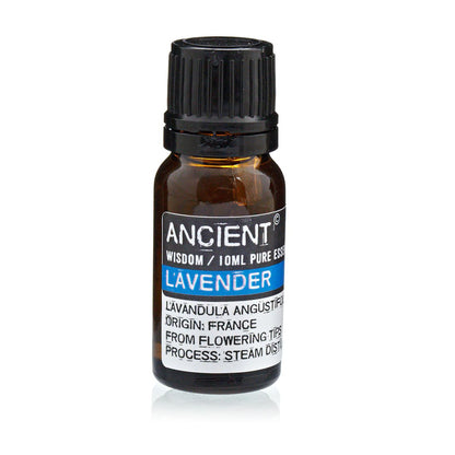 Alt Tag: Lavender Essential Oil – 10 ML amber glass bottle with black cap, Lavandula angustifolia lavender essential oil label