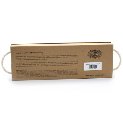 Lavender Essential Oil Wheat Bag – 40x12.5 CM in gift box packaging, luxury lavender wheatbag with rope handle, product label and details