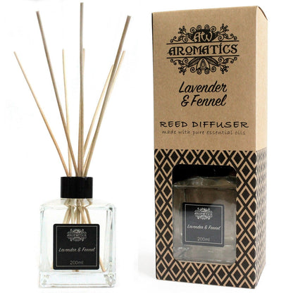 Alt-Tag: Ätherisches Öl-Diffuser „Lavendel & Fenchel“ – 200ML Reed-Diffuser mit Rattan-Stäbchen, Glasflasche und Aromatics-Box-Verpackung