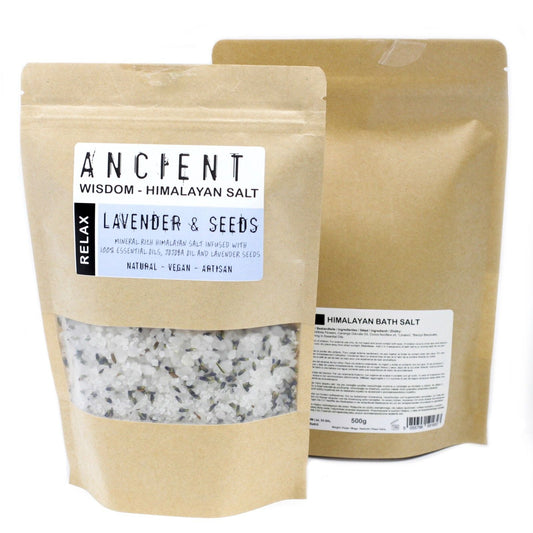 Alt Tag: Sal de baño himalaya de lavanda – Relax pouch de 500G Mezcla de sal del Himalaya Ancient Wisdom con lavanda y semillas, envase de 500g