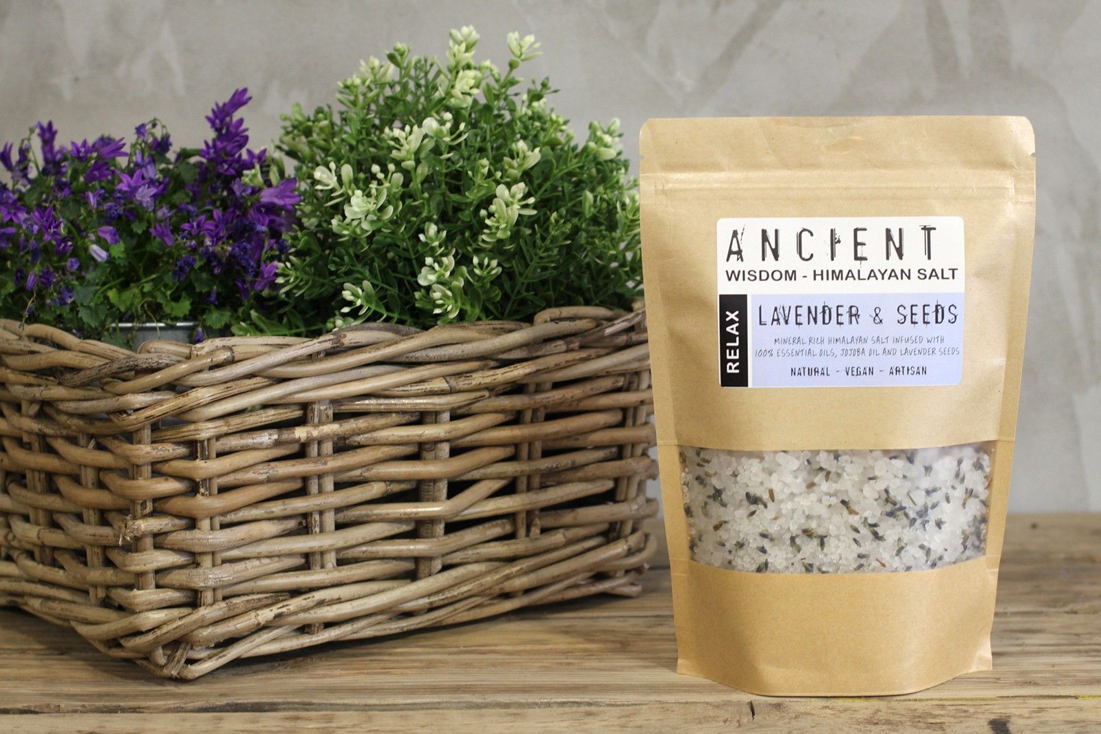 Alt Tag: Lavender Himalayan Bath Salt – Relax 500G pouch of Himalayan salt blend with lavender seeds on wooden table