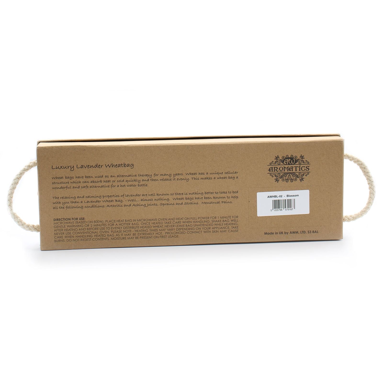 Lavender Infused Wheat Bag – Blossom Gift Set in cardboard box with rope handles, Aromatics label, back view