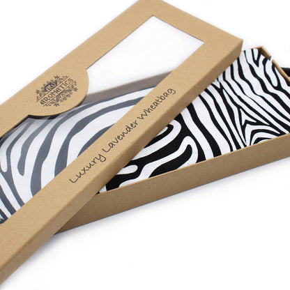 Alt Tag: Lavender Infused Wheat Bag – Blossom Gift Set in kraft cardboard box with zebra print wheatbag