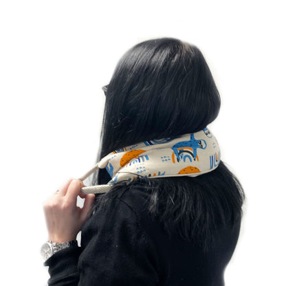 Lavender Luxury Wheat Bag – 40x12.5x4.5 CM heated neck wrap with printed cotton cover, shown worn around neck