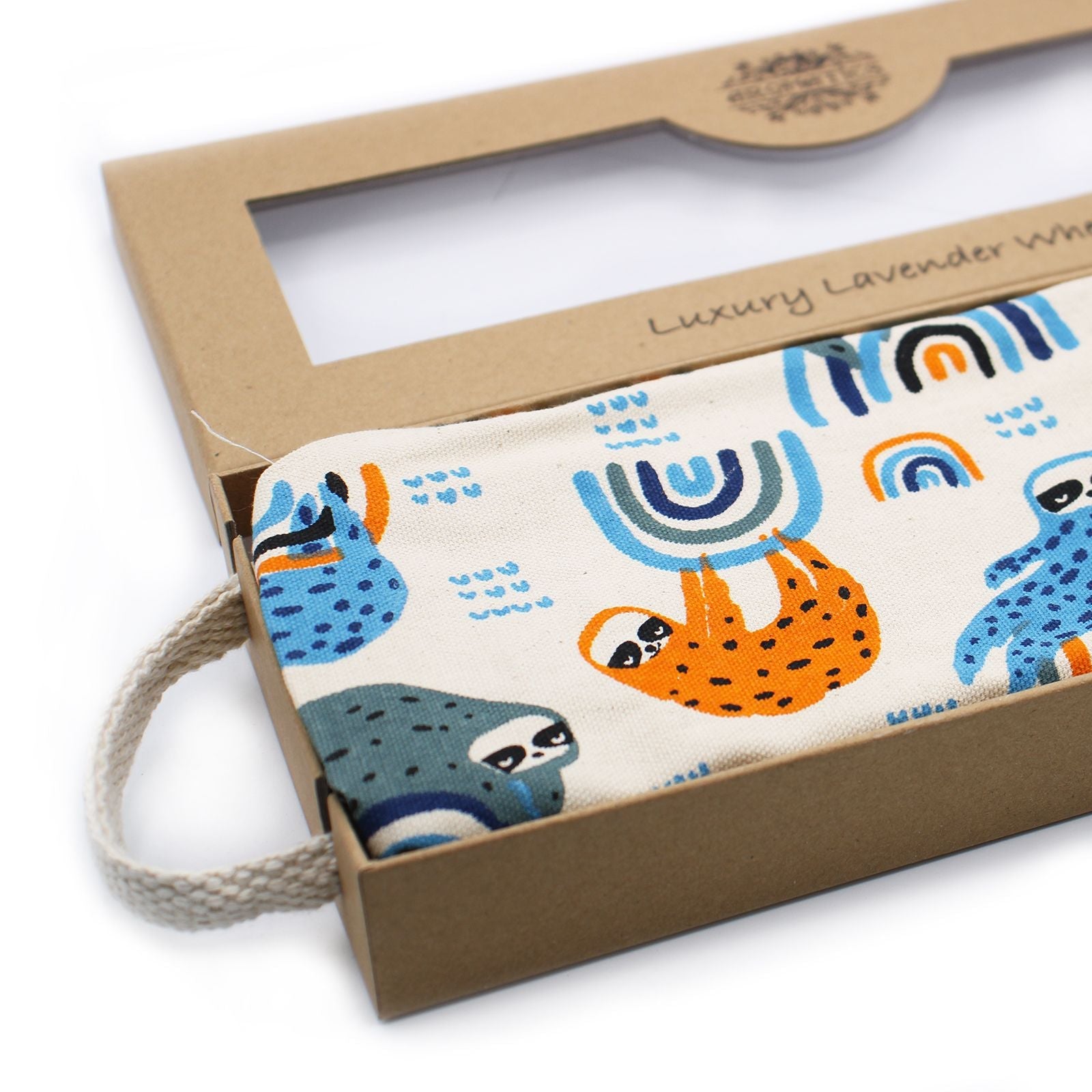 Lavender Luxury Wheat Bag – 40x12.5x4.5 CM in kraft gift box, printed cotton cover with colorful sloth pattern and loop handle