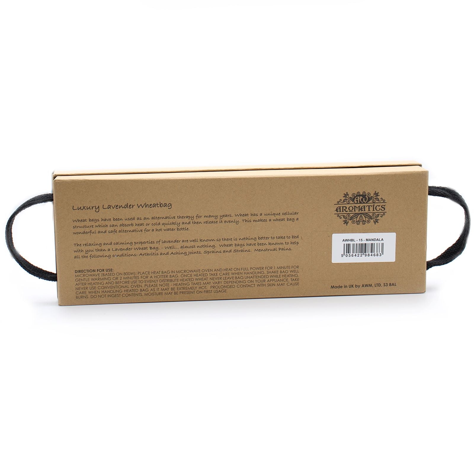 Alt Tag: Lavender Mandala Wheat Bag – Gift Box packaging with printed label, mandala design, and black straps on a white background