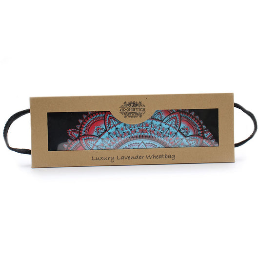 Lavender Mandala Wheat Bag – Gift Box, printed cotton wheat bag with lavender essential oil in kraft gift box packaging