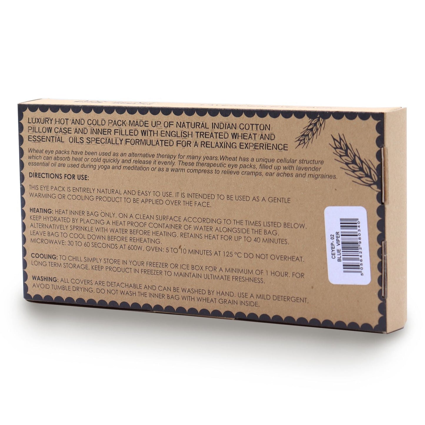 Alt Tag: Lavender Natural Cotton & Juco Eye Pillow in Gift Box – Blue Viper packaging back with heating and cooling instructions