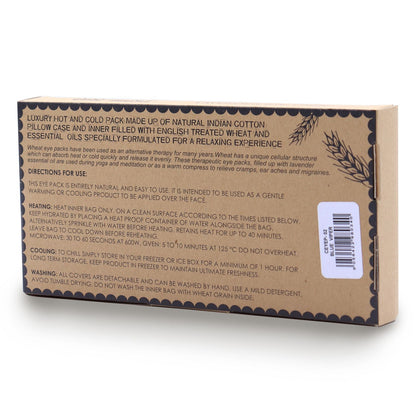 Alt Tag: Lavender Natural Cotton & Juco Eye Pillow in Gift Box – Blue Viper packaging back with heating and cooling instructions