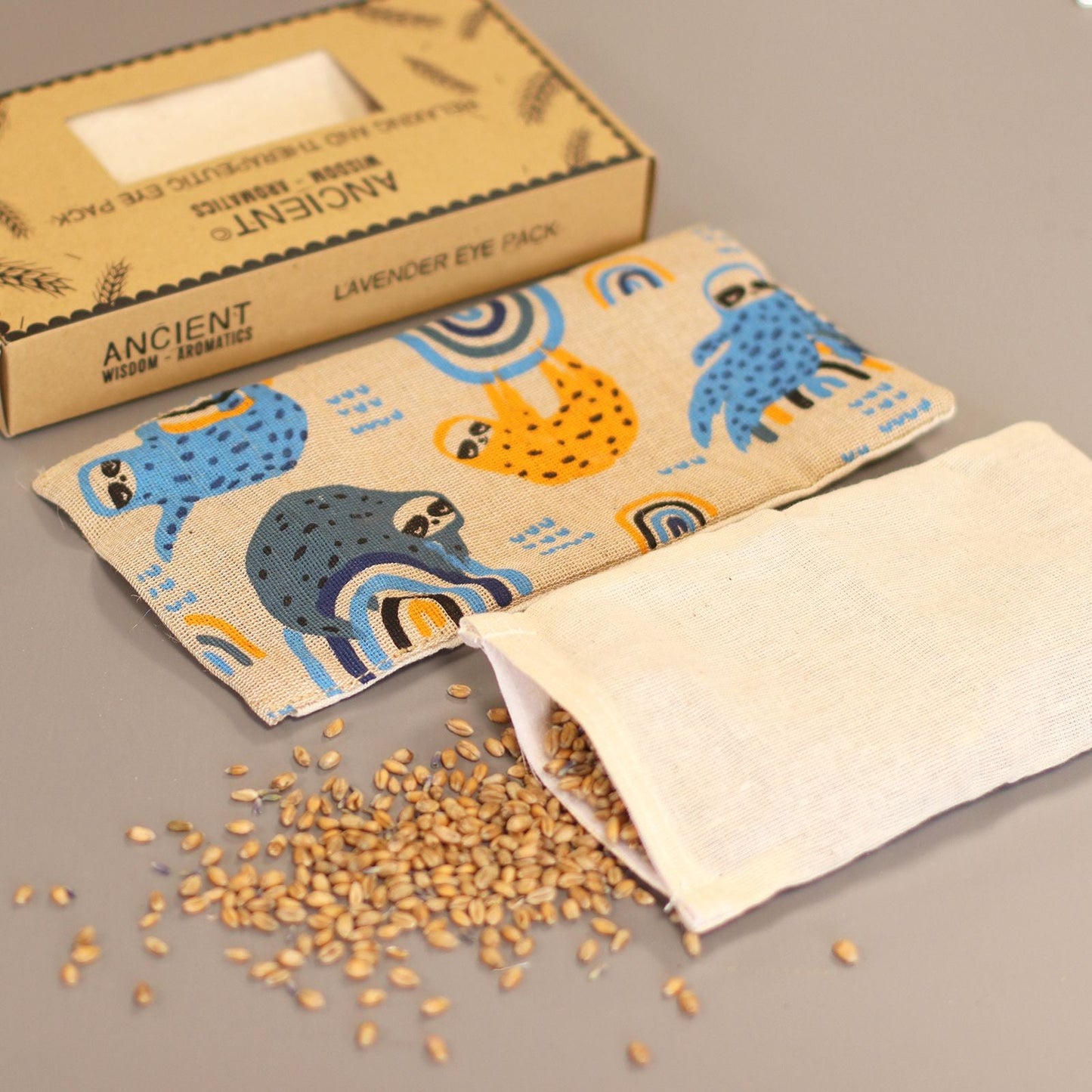 Alt Tag: Lavender Natural Cotton & Juco Eye Pillow in Gift Box – Lazy Sloth, sloth print eye pillow with flaxseed and lavender, gift box