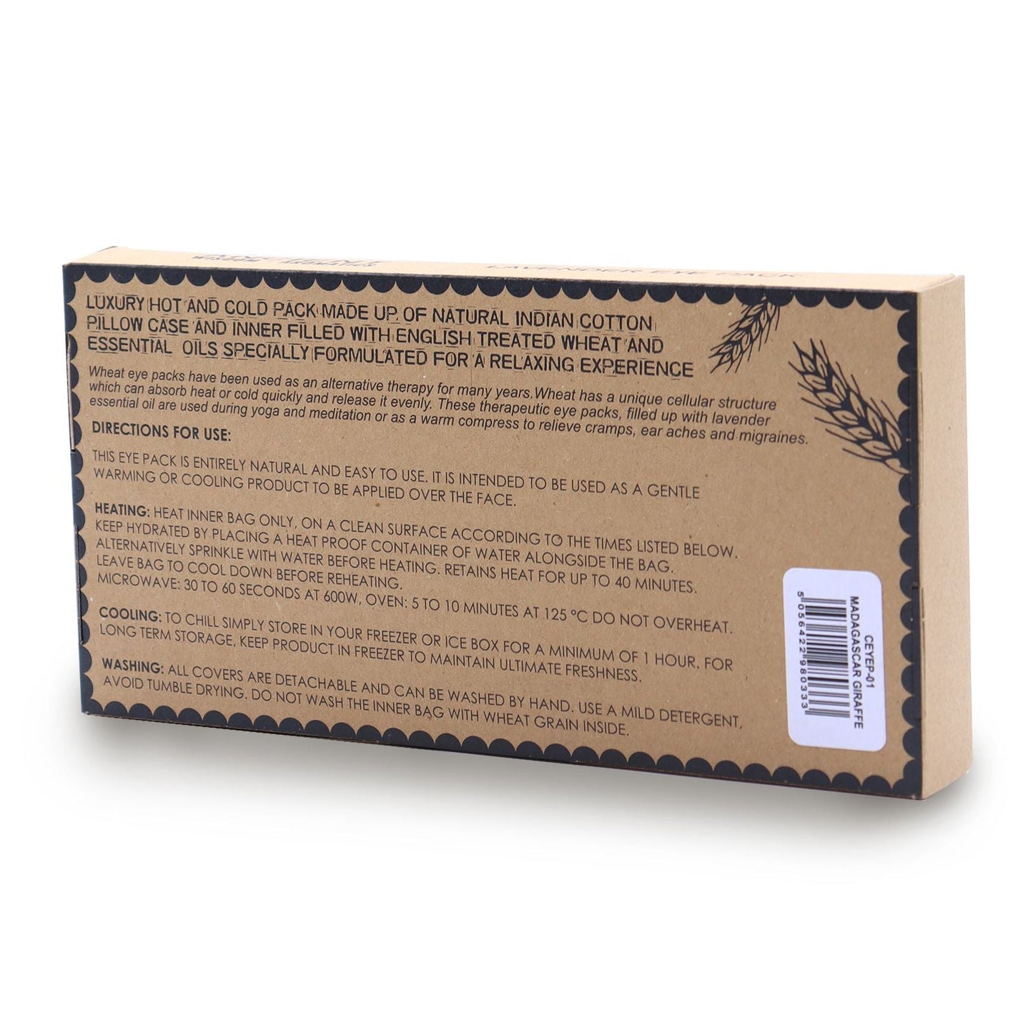 Lavender Natural Cotton & Juco Eye Pillow in Gift Box – Madagascar Giraffe gift box back with product details and care instructions