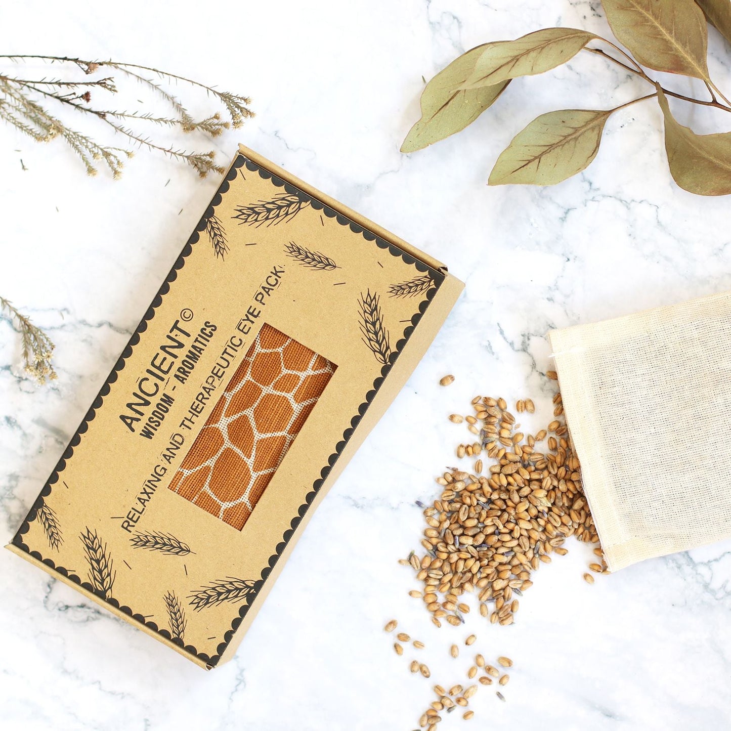Lavender Natural Cotton & Juco Eye Pillow in Gift Box – Madagascar Giraffe, boxed eye pillow with giraffe print, flaxseed and lavender
