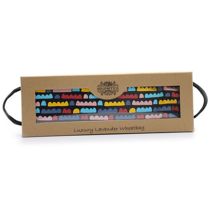 Alt Tag: Lavender Rainbow Cloud Wheat Bag – Gift Boxed in kraft window box, rainbow cloud pattern lavender wheat bag with carry handles