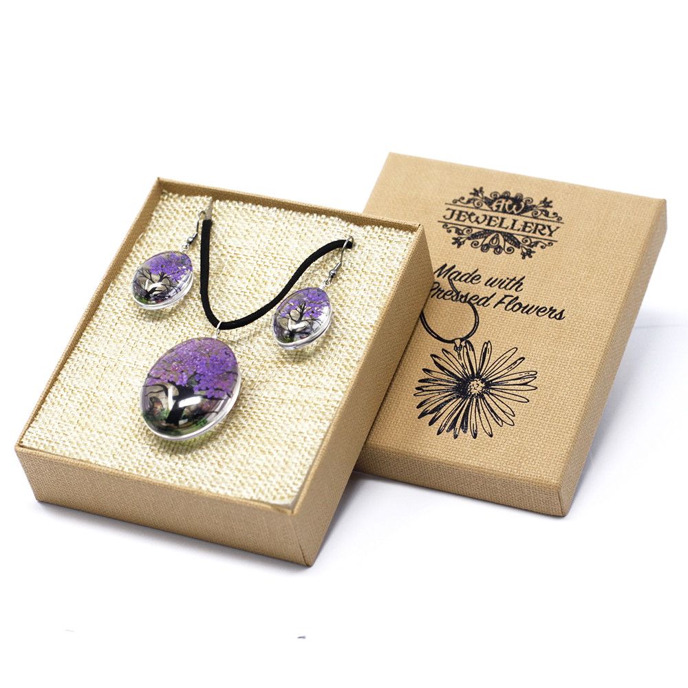 Alt Tag: Lavender Tree of Life – Pressed Flowers Jewellery set with glass pendant and matching earrings featuring real pressed lavender in gift box