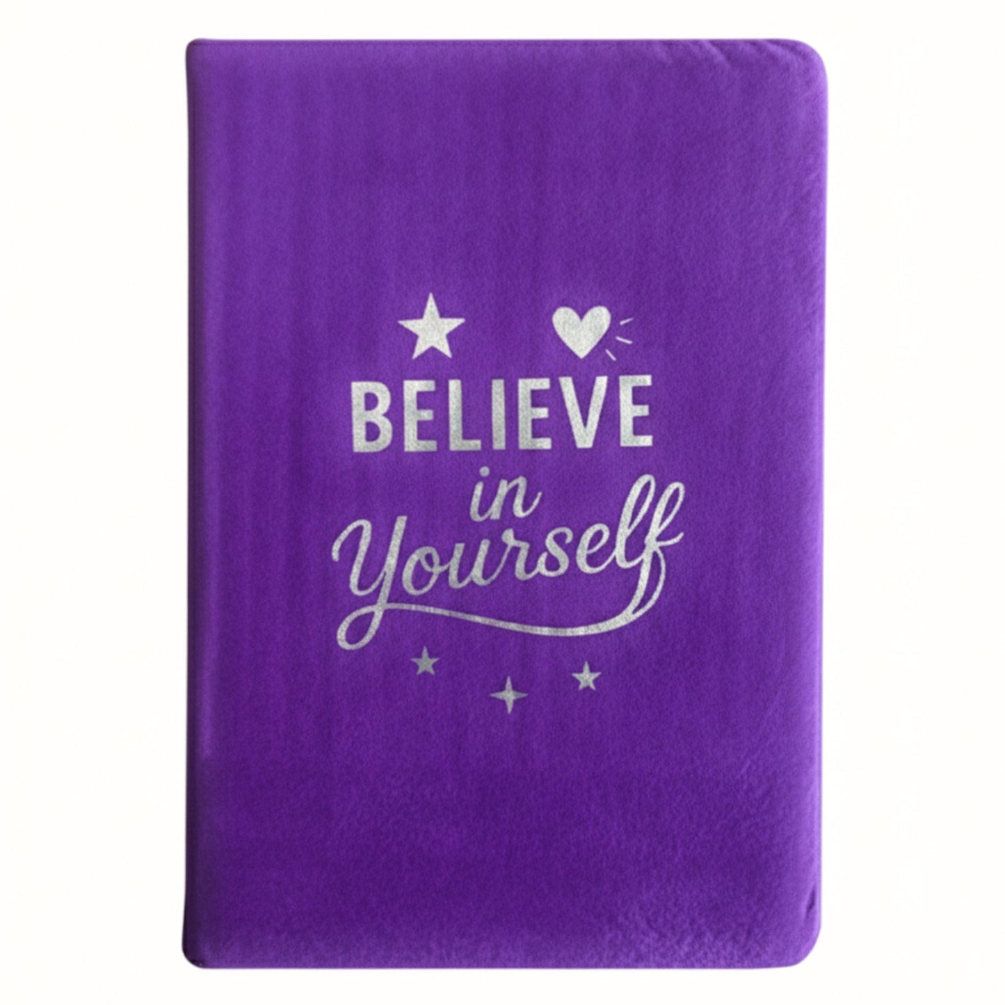Alt Tag: Lavender Velvet Notebook – 80 Pages- Believe in Yourself purple velvet notebook cover with "Believe in Yourself" text
