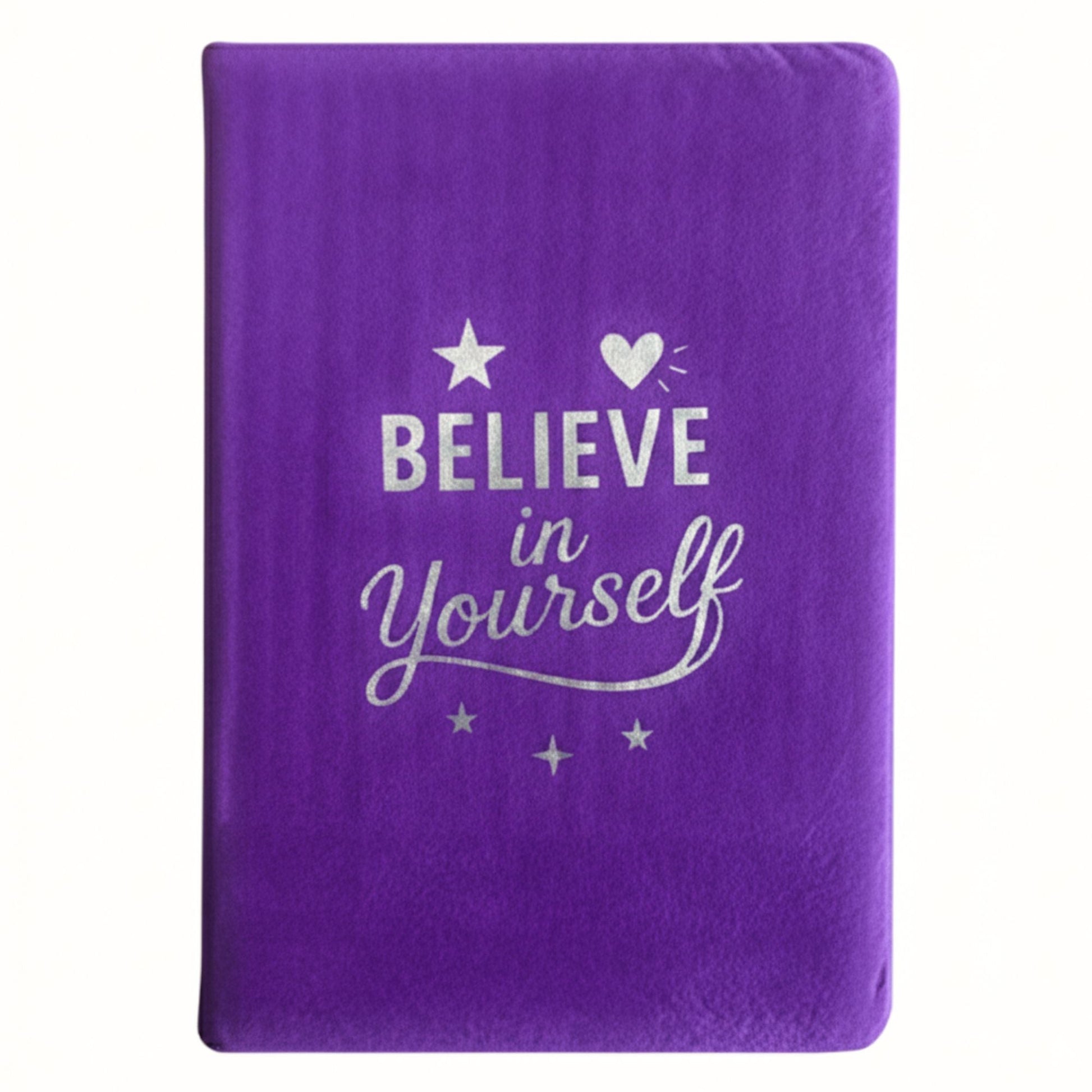 Alt Tag: Lavender Velvet Notebook – 80 Pages- Believe in Yourself purple velvet notebook cover with "Believe in Yourself" text